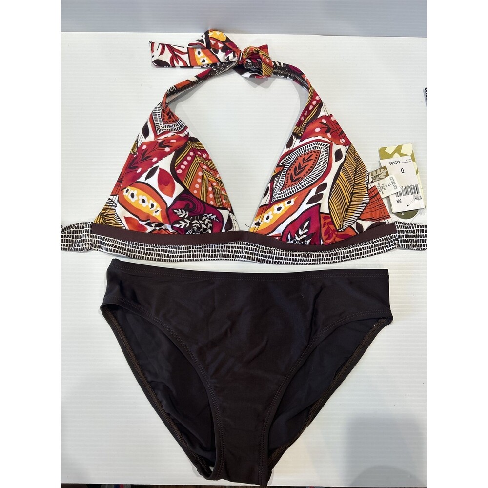 Bambooo Bikini Swim Bathing Suit Polynesian Botanical Brown Orange Small D Cup